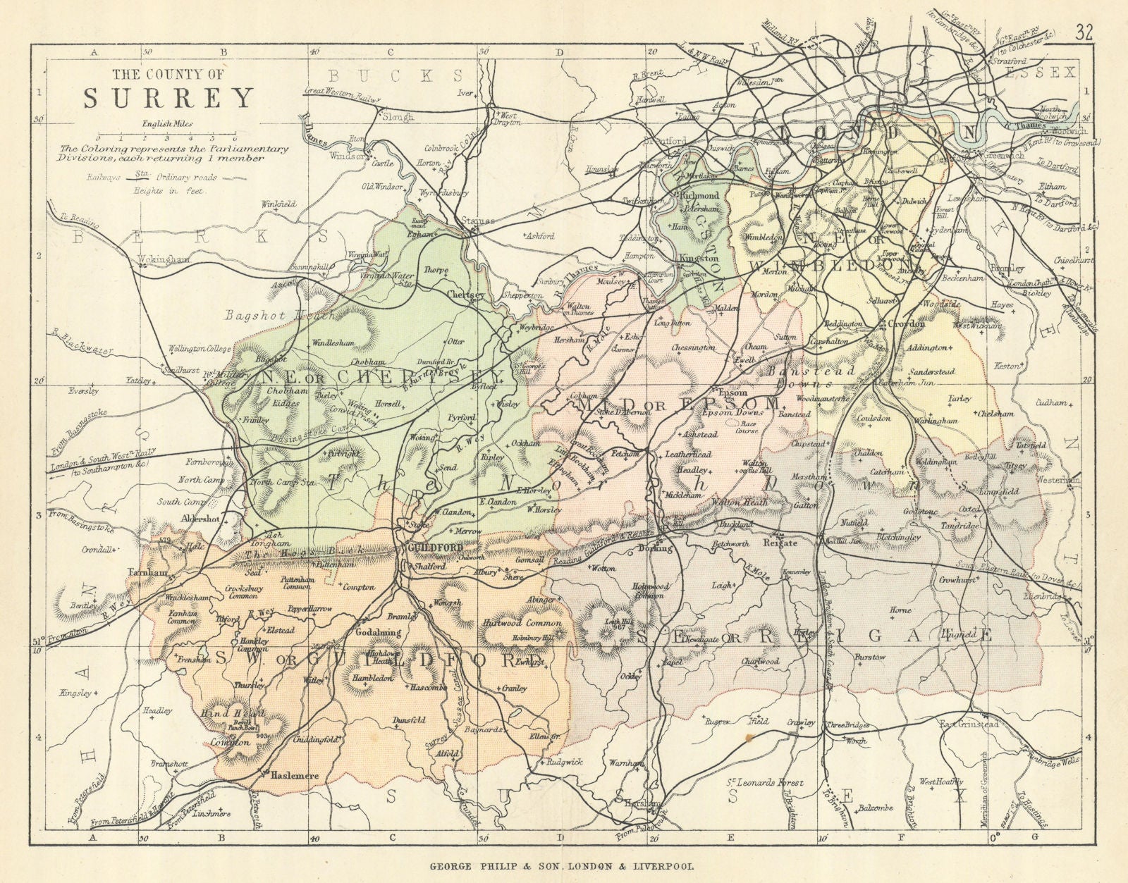 SURREY. Antique county map. Railways roads. Constituencies. London. PHILIP 1889